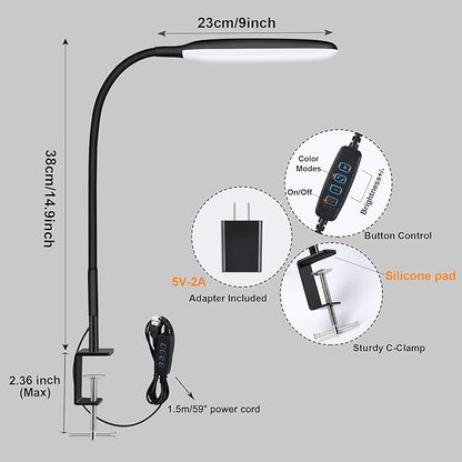 LED Desk Lamp with Clamp, 10W Flexible Gooseneck Swing Arm Clip Lamp with USB Plug, 3 Color Modes, 30 Brightness Levels, Eye-Caring Portable Desk Light for Home Office Reading Working (Black)