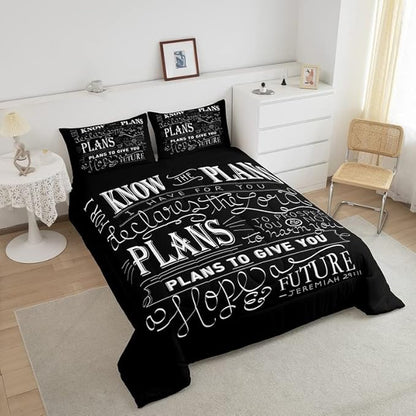 Feelyou Kids Vintage Bible Verse Comforter Set Christian Bible Verse Jeremiah Comforter Set for Boys Children Teens Bedroom Decor Modern Comforter Black Duvet Set Queen Size with 2 Pillow Case