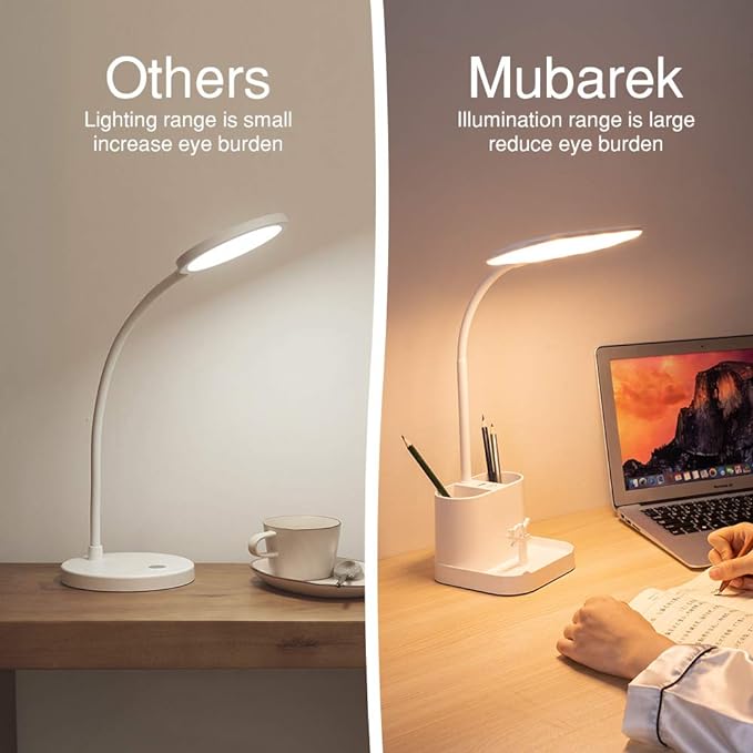 Desk Lamps for Home Office, 3 Light Colors Dimmable Desk Light Led Desk Lamp with Charger, Battery Operated Desk Lamp for Desk, Study Lamp with Pen & Phone Holder,White Led Desk Lamps for Home Office