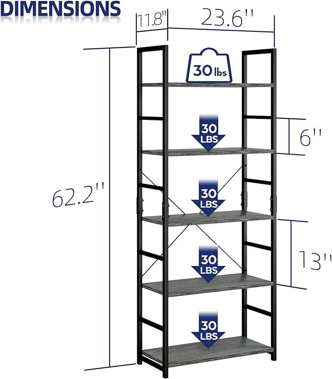 NUMENN 5 Tier Bookshelf, Tall Bookcase Shelf Storage Organizer, Modern Book Shelf for Bedroom, Living Room and Home Office, Dark Grey