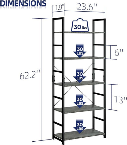 NUMENN 5 Tier Bookshelf, Tall Bookcase Shelf Storage Organizer, Modern Book Shelf for Bedroom, Living Room and Home Office, Dark Grey