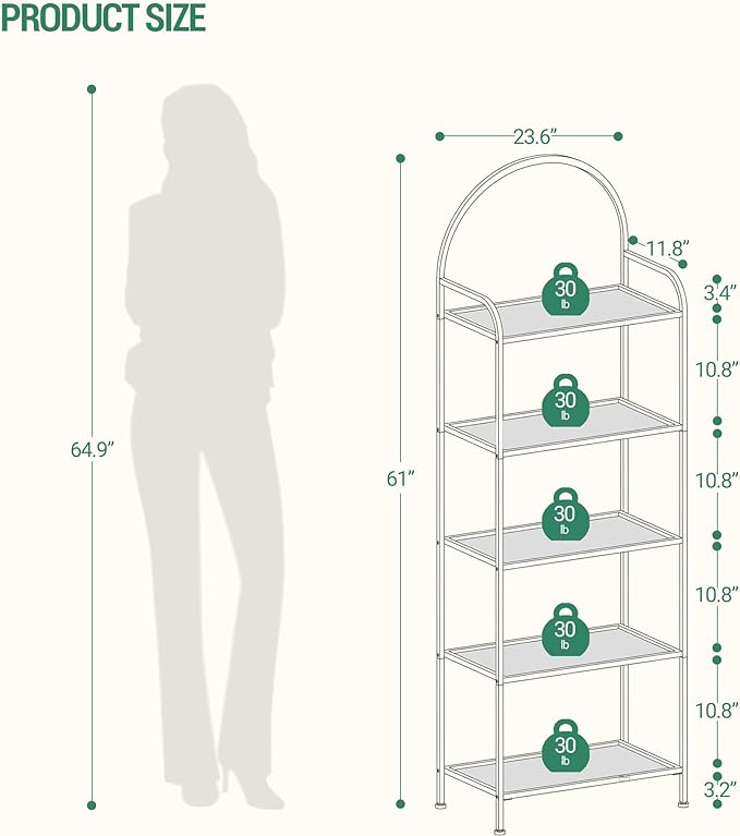 Bookcase Bookshelf, Tempered Glass Bookshelves, Slim Shelving Unit for Bedroom, Bathroom, Home Office, Steel Frame, 5 Tier Gold BC21599G