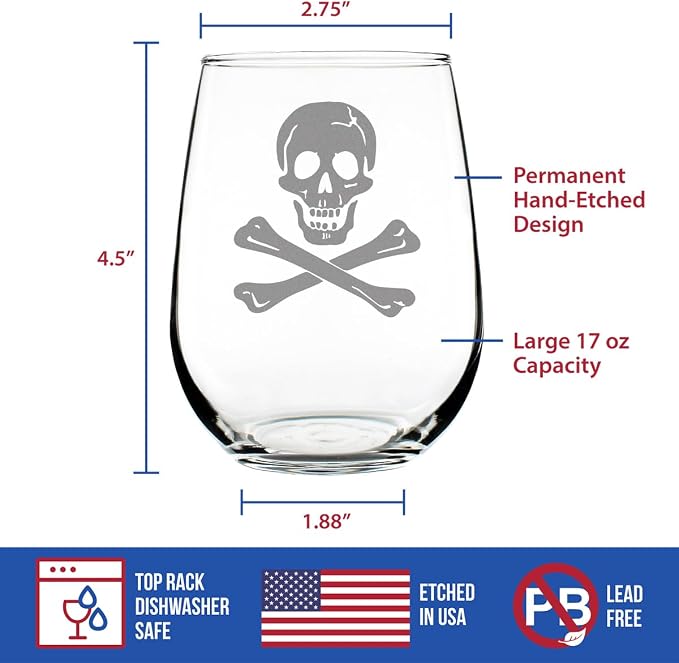 Bevvee Skull and Crossbones Stemless Wine Glass - Skull Decor and Jolly Roger Flag Gifts - Large 17 Oz Glasses
