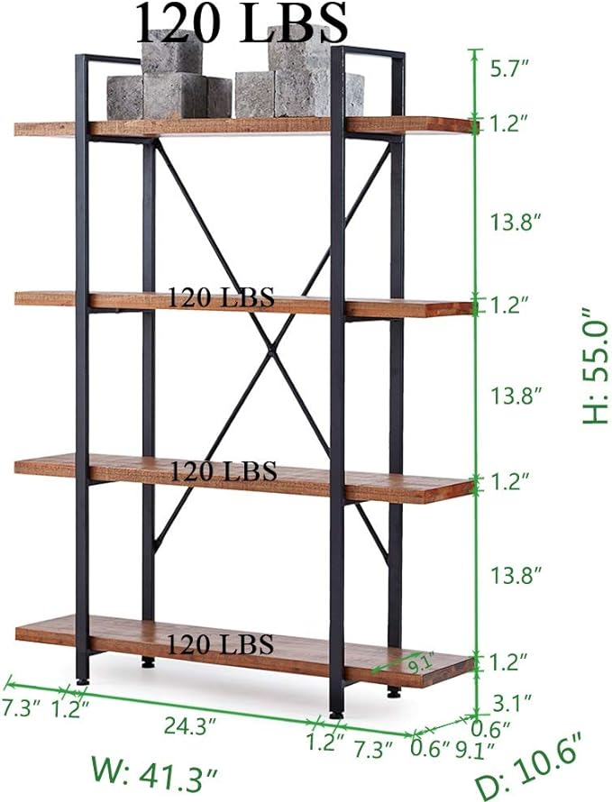 HSH 4 Tier Natural Real Wood Bookshelf, 4 Shelf Rustic Solid Wooden and Metal Bookcase, Farmhouse Open Vintage Industrial Etagere Book Shelf for Office Living Room Bedroom Storage, Distressed Brown