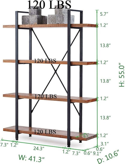HSH 4 Tier Natural Real Wood Bookshelf, 4 Shelf Rustic Solid Wooden and Metal Bookcase, Farmhouse Open Vintage Industrial Etagere Book Shelf for Office Living Room Bedroom Storage, Distressed Brown