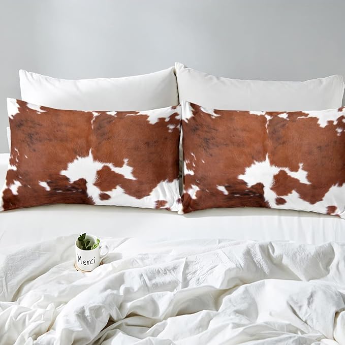 Cow Print Comforter Set Queen Size,Cowhide Print Bedding Set Teens Adults,Farmhouse Animal Hair Down Comforter,Rustic Western Bedding For Kids Boys Girls Teens Adult Bedroom Decor, Brown White