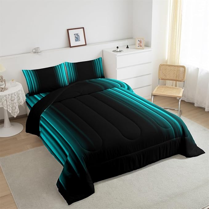 Geometric Abstract Ombre Comforter Set Kids Teens Teal and Black Striped Bedding Bed Set Decor Modern Fashion Comforter Inner Fill Bedroom Collection 3Pcs King Size