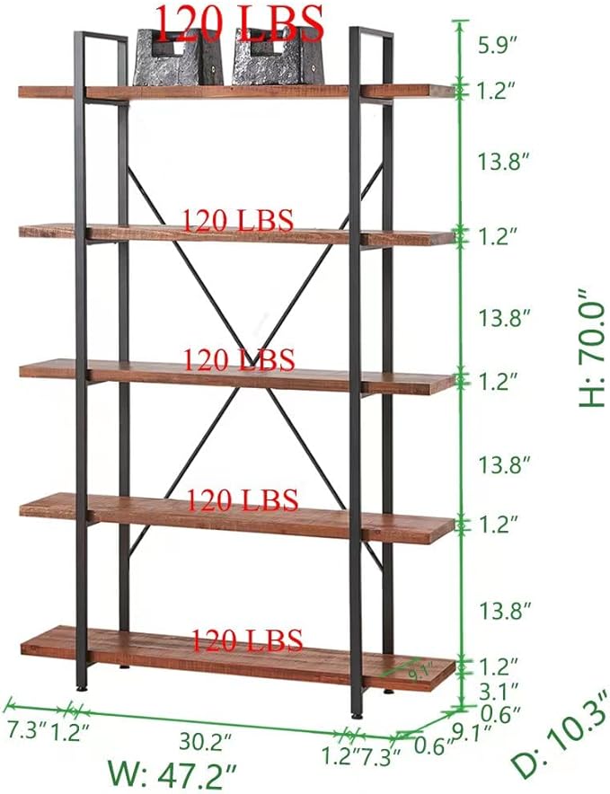 HSH Natural Real Wood Bookcase, 5 Tier Industrial Rustic Vintage Etagere Bookshelf, Open Metal Farmhouse Solid Wooden Book Shelf, Distressed Brown
