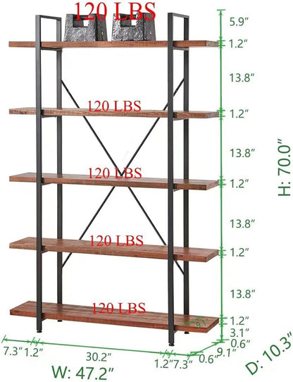 HSH Natural Real Wood Bookcase, 5 Tier Industrial Rustic Vintage Etagere Bookshelf, Open Metal Farmhouse Solid Wooden Book Shelf, Distressed Brown