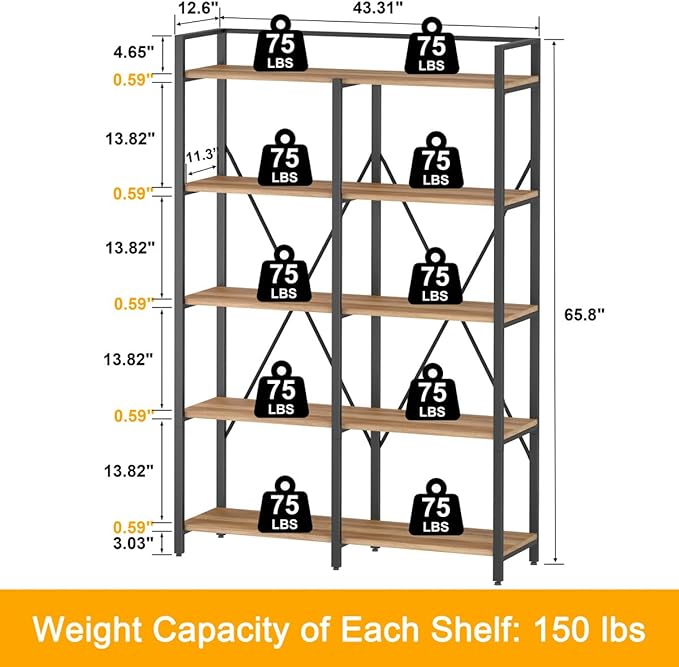 BON AUGURE Industrial Bookshelves and Bookcases, 5 Tier Heavy Duty Etagere Shelving Unit, Farmhouse Rustic Wood Metal Book Shelves for Office, Living Room and Bedroom (Vintage Oak, 43.31 inch Wide)