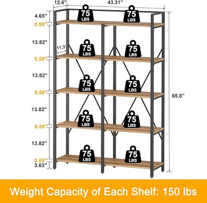 BON AUGURE Industrial Bookshelves and Bookcases, 5 Tier Heavy Duty Etagere Shelving Unit, Farmhouse Rustic Wood Metal Book Shelves for Office, Living Room and Bedroom (Vintage Oak, 43.31 inch Wide)