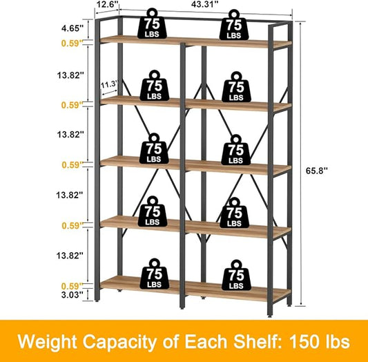 BON AUGURE Industrial Bookshelves and Bookcases, 5 Tier Heavy Duty Etagere Shelving Unit, Farmhouse Rustic Wood Metal Book Shelves for Office, Living Room and Bedroom (Vintage Oak, 43.31 inch Wide)