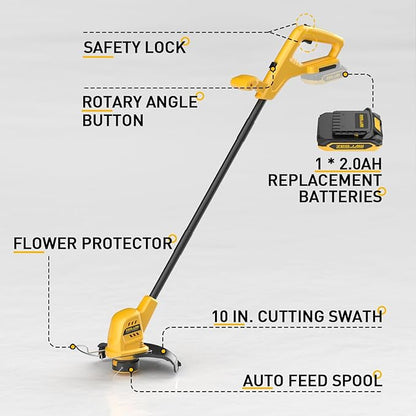 Cordless String Trimmer and Edger, 10 Inch 20V Weed Wacker Battery Operated Lawn Edger with 8 Pcs Replace Spool Trimmer Lines - 1 Batteries & Charger Included (10-inch)