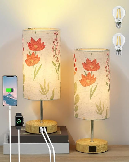 Touch Control Desk Lamp with 2 USB Ports, 3-Way Dimmable Bedside Lamp for Bedroom, Nightstand Lamp with Round Flower Fabric Shade for Living Room, Home Office (White-double)