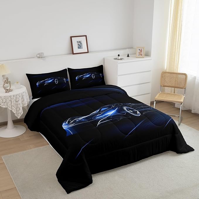 Feelyou Blue Race Car Bedding Set Queen Size for Kids Boys Extreme Sport Games Comforter Set Teens Toddler Fast and Furious Duvet Set Cool Modern Quilt Set 3Pcs