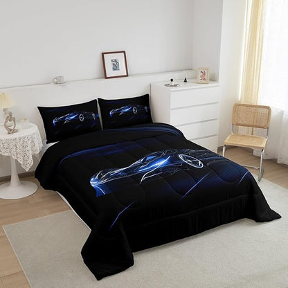 Feelyou Blue Race Car Bedding Set King Size for Kids Boys Extreme Sport Games Comforter Set Teens Toddler Fast and Furious Duvet Set Cool Modern Quilt Set 3Pcs