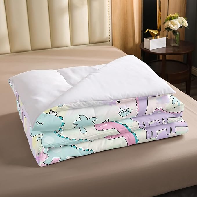 Erosebridal Dinosaur Comforter Set Queen Size, Kawaii Dinosaur Bedding Sets for Kids Girls Boys Gift Bedroom Decor, Cartoon Cute Animals Duvet Set,Palm Leaf Down Comforter, Green Purple Pink