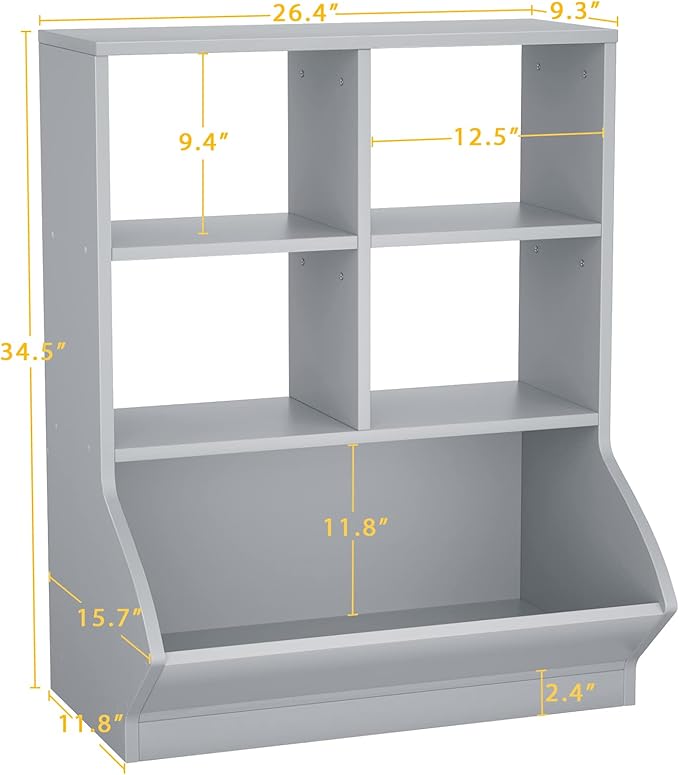 Aheaplus Toy Storage Organizer with Bookcase, 3 Cubby Bookshelf Toy Storage Cabinet, Open Multi-Bins Toys&Books Storage Display Organizer for Playroom, Bedroom, Nursery, School, Grey