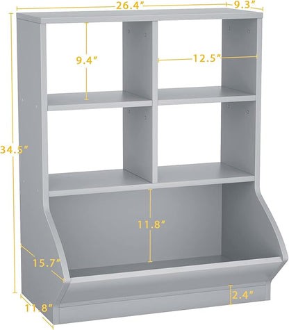 Aheaplus Toy Storage Organizer with Bookcase, 3 Cubby Bookshelf Toy Storage Cabinet, Open Multi-Bins Toys&Books Storage Display Organizer for Playroom, Bedroom, Nursery, School, Grey