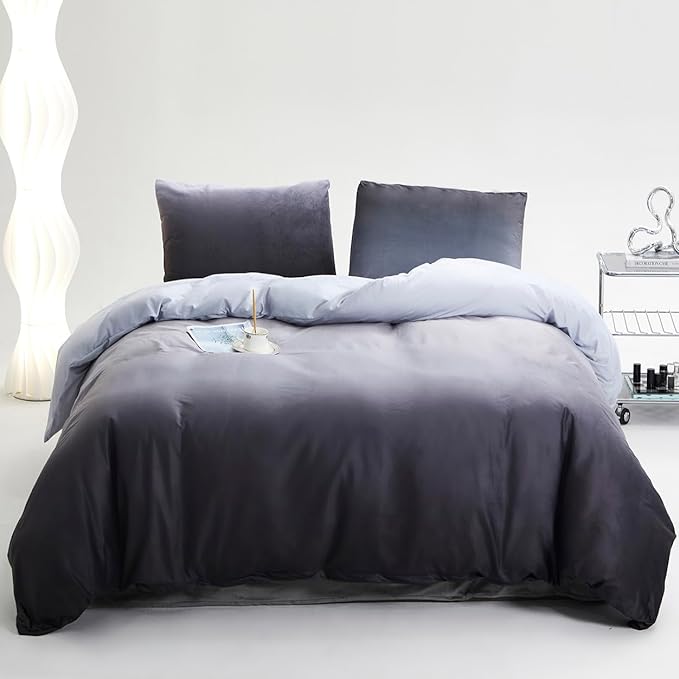 Gray White Gradient Comforter Set King Gray Velvet Bedding Comforter Modern Plain White and Deep Gray Gradient Soft Quilt Farmhouse Flannel Comforter Warm King Bed Comforter