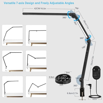 Desk Lamp, LED Desk Lamp with Clamp for Home Office, High Brightness Dimmable Desk Light, Adjustable Color Temperature Swing Arm Architect Lamp with Memory & Timing,Touch control Clamp Lamp