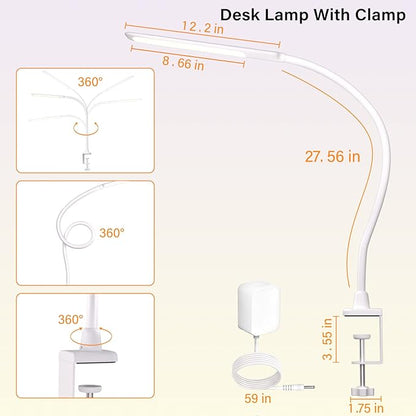 LED Desk Lamp With Clamp, 10W Gooseneck Lamps Touch Control,Swing Arm Clamp Lamp, Architect Clamp Desk Lamp Dimmable,Nail Lamp for Desk Table (White)