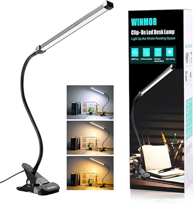 Morw Winmor Led Clip On Desk Lamp,3 Color 11 Brightness,64 LED 10W Book Reading Light,USB Plug,Stepless Dimmer Auto Off,Clamp Desk Lights for Bedside Computer Home Office