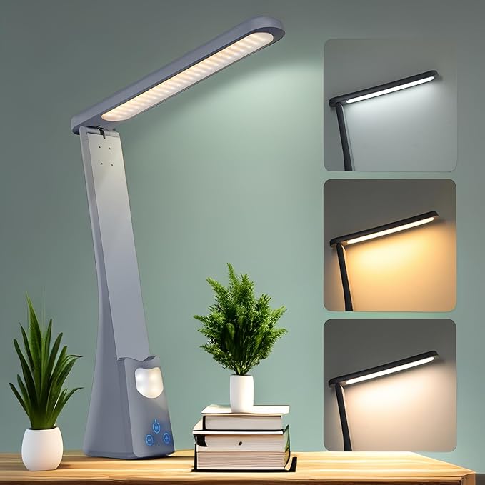 LED Desk Lamp with Night Light 3 Color Dimmable Rechargeable Memory Function Battery Powered, Foldable Portable Design for Home Office、 college dorm room and Dormitory