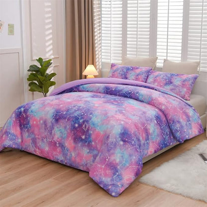 Holawakaka Tie Dye Constellation Print Ombre Comforter Set Full Size Girls Boys Gradient Galaxy Bedding Set (Purple,Full)
