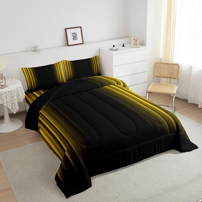 Geometric Abstract Ombre Bedding Bed Set Men Adults Teens Yellow Black Striped Comforter Set Kids Boys Girls Simple Modern Comforter Collection 3Pcs King Size Boys