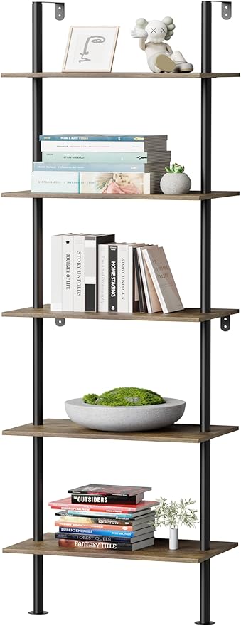 5 Tier Ladder Shelf Bookcase, Extra Sturdy Modern Bookshelf Wall Mounted, Tall Black Open Book Shelf, Standing Industrial Metal Frame with Wooden Shelves, 67“ (H) × 17(W)