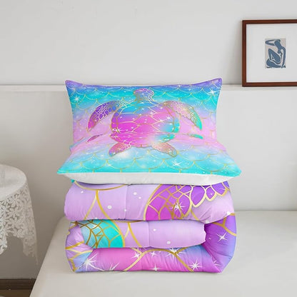 Erosebridal Mermaid Scales Comforter Set for Girls, Tortoise Reptile Bedding Set Queen Size, Sea Turtle Ocean Life Duvet Sets for Kids Children Boys Women, Sweet Girly Down Comforter, Teal Blue