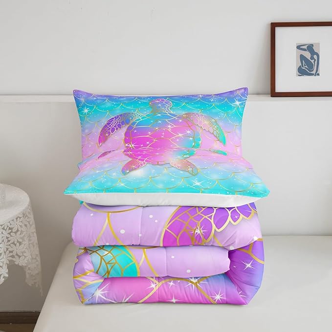 Erosebridal Mermaid Scales Comforter Set for Girls, Tortoise Reptile Bedding Set Full Size, Sea Turtle Ocean Life Duvet Sets for Kids Children Boys Women, Sweet Girly Down Comforter, Teal Blue