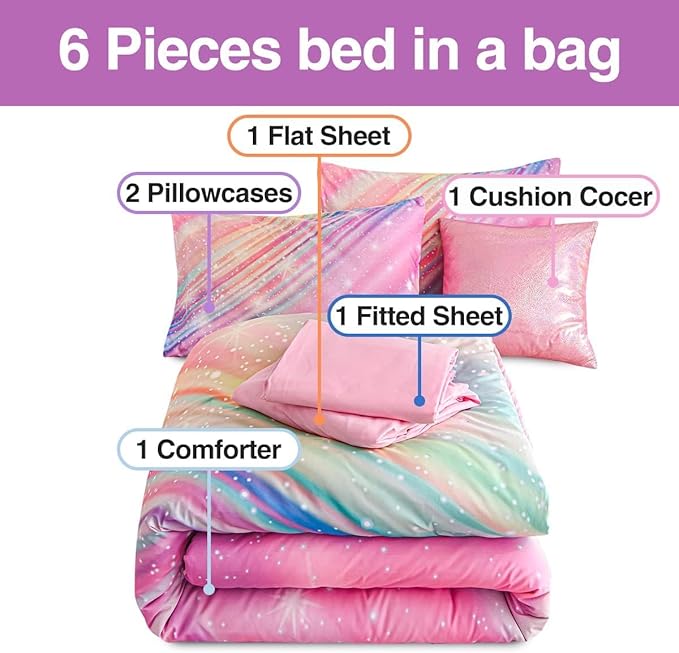 Btargot Super Soft 6 Pieces Gradient Star Ring Comforter Set, Colorful Glitter Rainbow Star Pattern Bedding Set for Boys Girls Teens, Full Pink