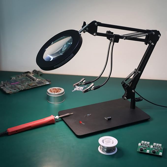 Magnifying Glass with Light and Stand, 3-in-1 Gooseneck Arms 3 Color Modes Stepless Dimmable, 10x&5X LED Desktop Magnifier with light Hands Free for Workbench Reading Crafts Painting Hobby Close Work