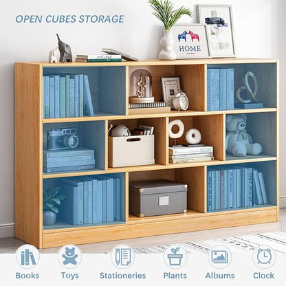 IOTXY Open Shelf Low Bookcase - Wooden 3-Tier Floor Standing Display Cabinet Organizer with Base, 7 Cubes Short Horizontal Bookshelf in Warm White