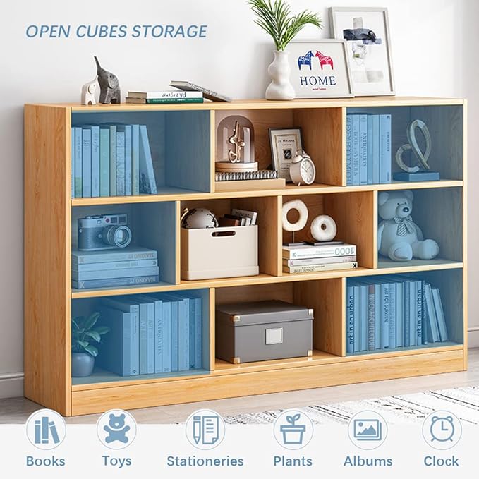 IOTXY Open Shelf Low Bookcase - Wooden 3-Tier Floor Standing Display Cabinet Organizer with Base, 7 Cubes Short Horizontal Bookshelf in Pear Yellow