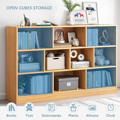IOTXY Open Shelf Low Bookcase - Wooden 3-Tier Floor Standing Display Cabinet Organizer with Base, 7 Cubes Short Horizontal Bookshelf in Pear Yellow