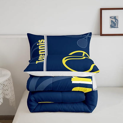 Feelyou Kids Tennis Comforter Set Queen Size Tennis Sports Bedding Set for Boys Girls Teens Bedroom Decor Tennis Gaming Comforter Blue Yellow Tennis Lovers Duvet Set with 2 Pillow Case