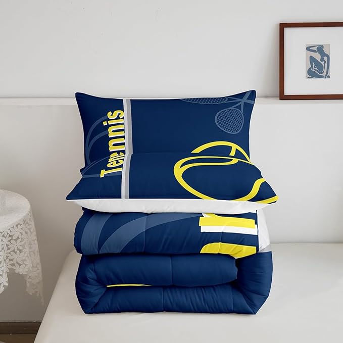 Feelyou Kids Tennis Comforter Set King Size Tennis Sports Bedding Set for Boys Girls Teens Bedroom Decor Tennis Gaming Comforter Blue Yellow Tennis Lovers Duvet Set with 2 Pillow Case