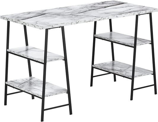 Monarch Specialties 7527 Computer Desk, Home Office, Laptop, Storage Shelves, 48" L, Work, Metal, Laminate, White Marble Look, Black, Contemporary, Modern Desk-48, 47.25" L x 23.75" W x 30" H