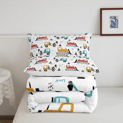 Boys Cartoon Car Comforter Set, Kids Construction Vehicles Comforter for Kids Cartoon Truck Bedding Set Cute Cars Teal Red Yellow Quilt Collection 2Pcs Twin Size Boys