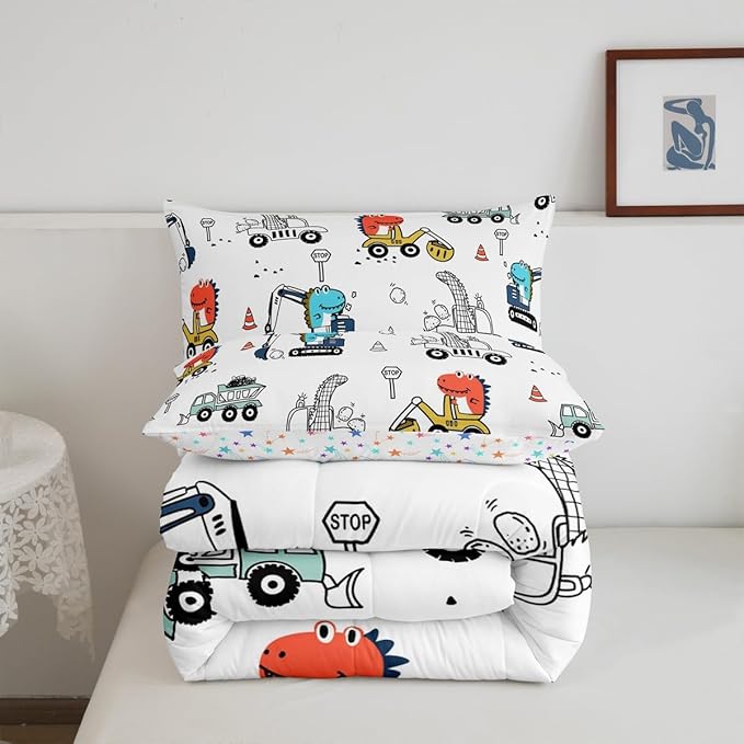 Feelyou Kids Cartoon Car Comforter Set Construction Bedding Set Queen Size Tractor Vehicle Truck Comforter for Kids Boys Girls Cute Dinosaur Quilt Set Yellow Blue Soft for Teens Child Room Decor
