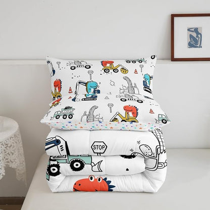 Feelyou Kids Cartoon Car Comforter Set Construction Bedding Set King Size Tractor Vehicle Truck Comforter for Kids Boys Girls Cute Dinosaur Quilt Set Yellow Blue Soft for Teens Child Room Decor