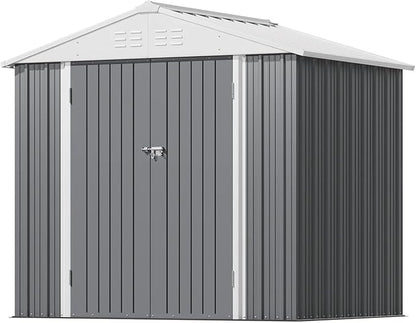 Greesum 8×6FT Outdoor Storage Shed, Metal Patio Storaged Sheds with Lockable Doors, Sheds & Outdoor Storage for Bike, Backyard, Pool and Garden, Gray
