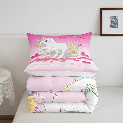 Girls Unicorn Comforter Set Queen Girly Fantasy Rainbow Unicorn Bedding Set for Kids Little Girls, Pink Love Heart Duvet Sets Dreamy Horse Cartoon Magical Animal Down Comforter with 2 Pillowcases