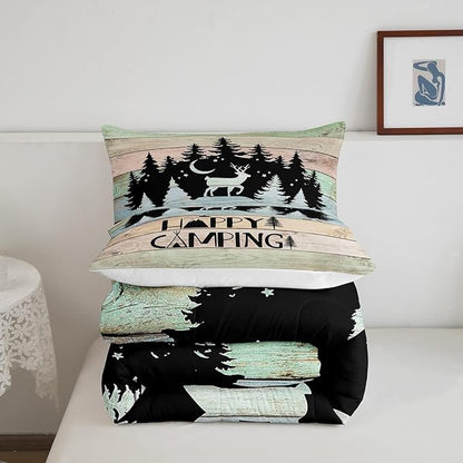 Kids Happy Camping Comforter Set King,Cute Deer Camper Bedding Set Rustic Farmhouse Woodland Animal Comforter for Boys Girls Old Barn Door Quilted Duvet Star Moon Pine Tree Decor 3 Pcs Black Green