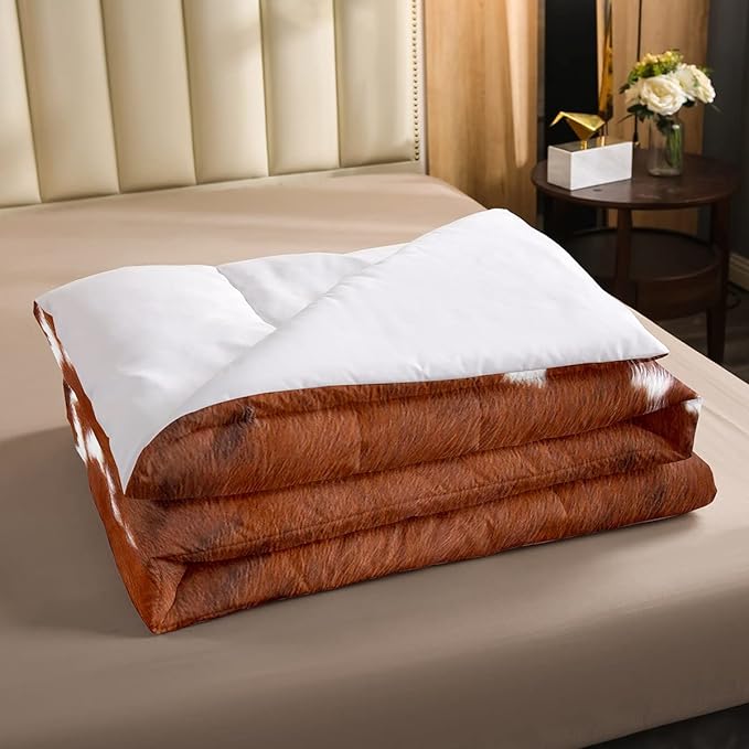 Cow Print Comforter Set Queen Size,Cowhide Print Bedding Set Teens Adults,Farmhouse Animal Hair Down Comforter,Rustic Western Bedding For Kids Boys Girls Teens Adult Bedroom Decor, Brown White