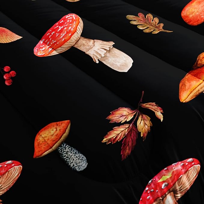 Colorful Mushroom Comforter Set Full Size Kids Mushroom Bedding Set Leaves Quilt Bed Set for Boys Girls Adults with 1 Comforter and 2 Pillowcases