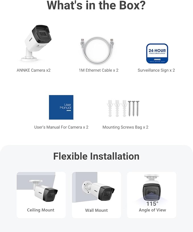 ANNKE 2 Pack 5MP PoE Bullet Security Cameras with Mic/Audio, Outdoor IP Cameras with 2.8mm Lens Wide Angle, 100ft Color Night Vision, IP67 Waterproof, RTSP, 5MP@20fps, Up to 256GB Micro SD Card- C500